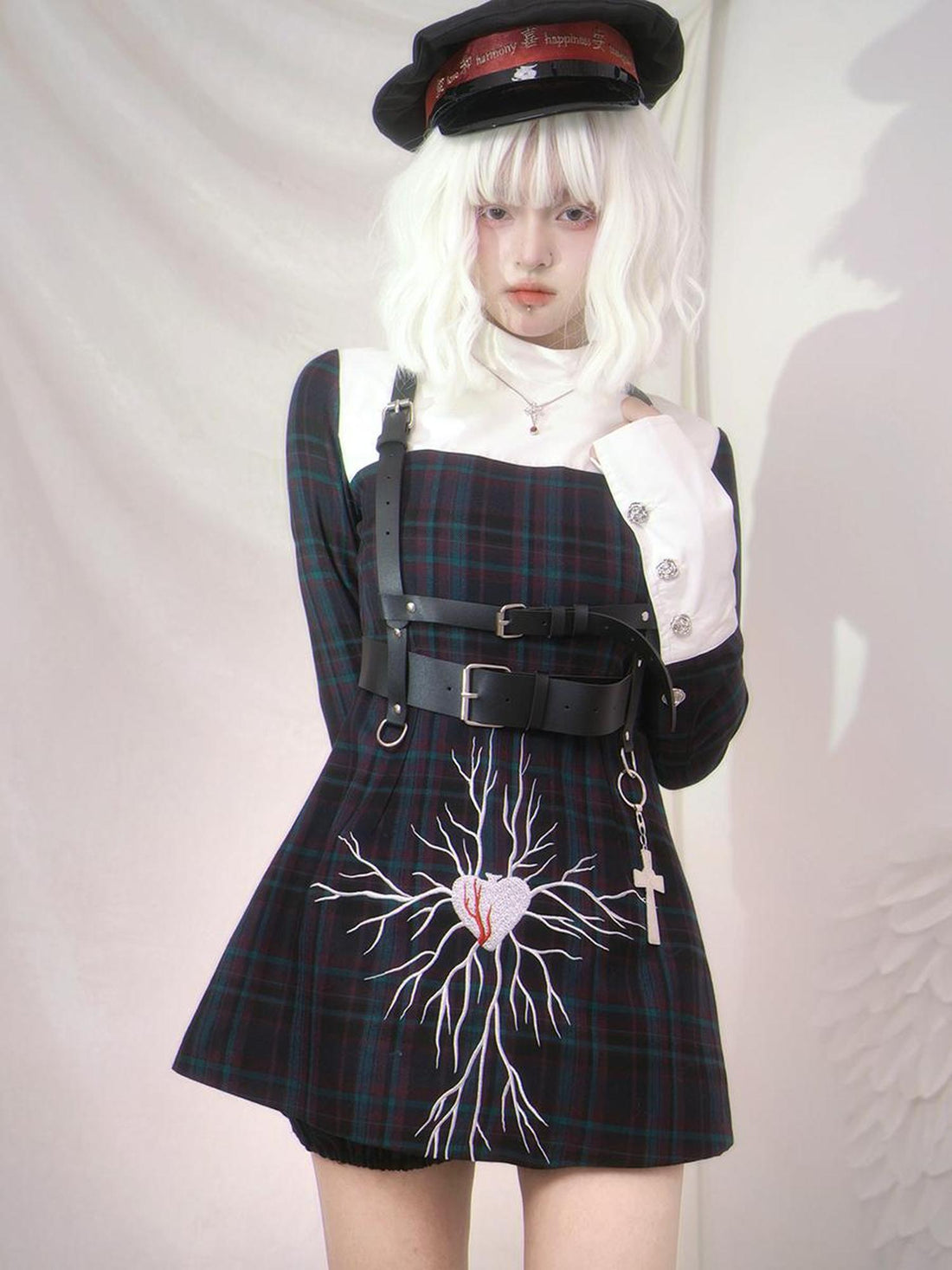 Daytoday Gothic Grid Leather Trim Lace Up Heart Print Dress V Neck Long Sleeve