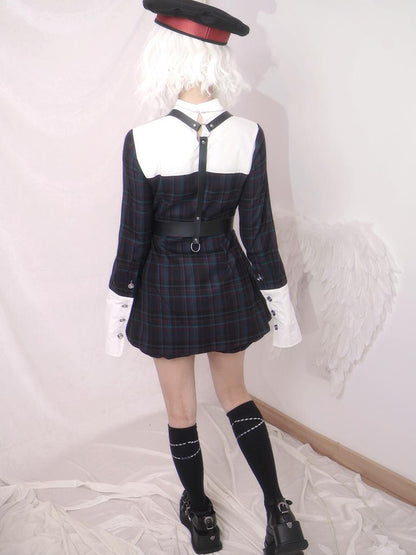 Daytoday Gothic Grid Leather Trim Lace Up Heart Print Dress V Neck Long Sleeve