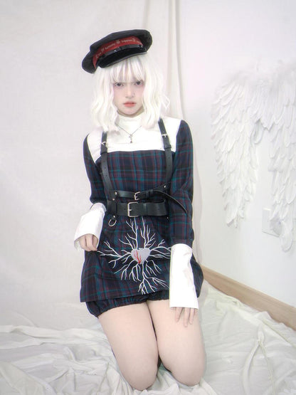 Daytoday Gothic Grid Leather Trim Lace Up Heart Print Dress V Neck Long Sleeve