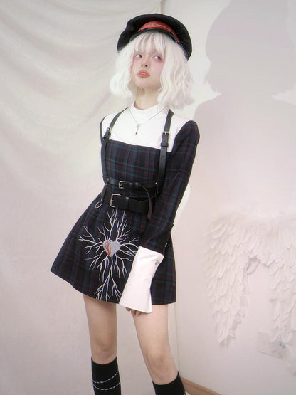 Daytoday Gothic Grid Leather Trim Lace Up Heart Print Dress V Neck Long Sleeve