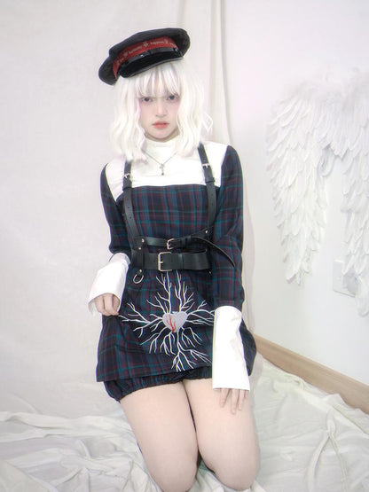 Daytoday Gothic Grid Leather Trim Lace Up Heart Print Dress V Neck Long Sleeve