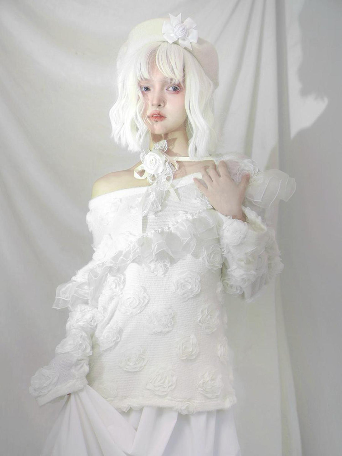 Daytoday Heavenly Bloom Knit Top With 3D Roses V Neck T Shirt Long Sleeve