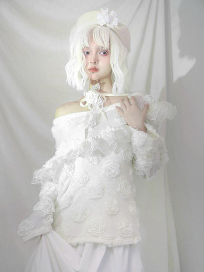 Daytoday Heavenly Bloom Knit Top With 3D Roses V Neck T Shirt Long Sleeve