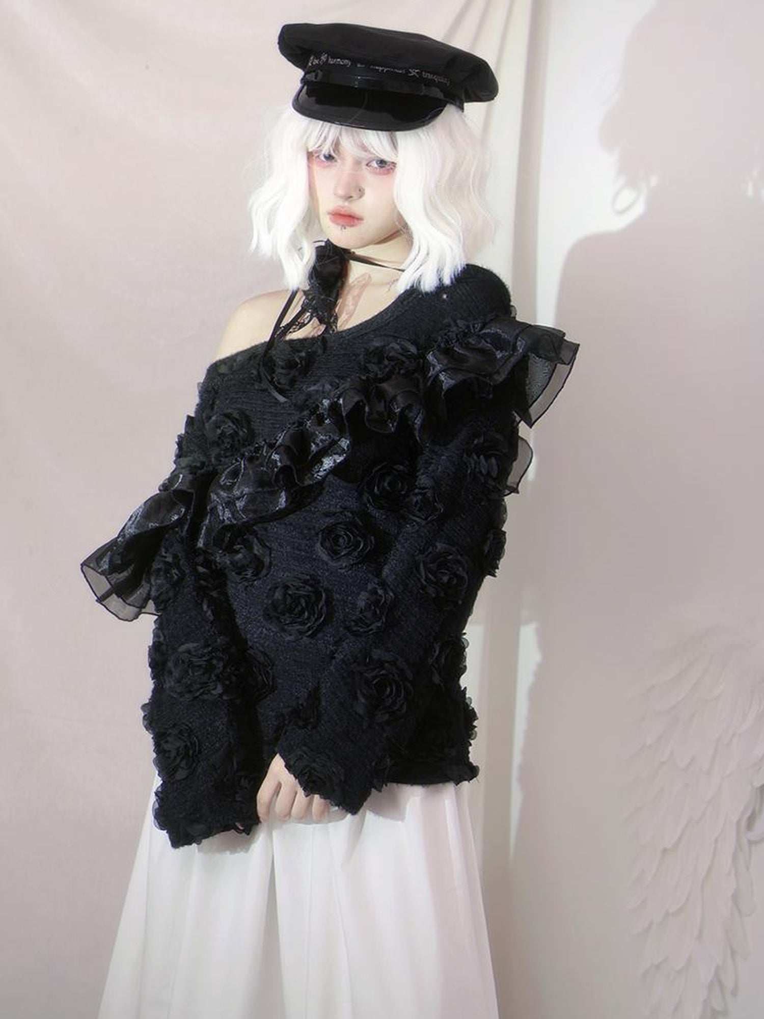 Daytoday Heavenly Bloom Knit Top With 3D Roses V Neck T Shirt Long Sleeve