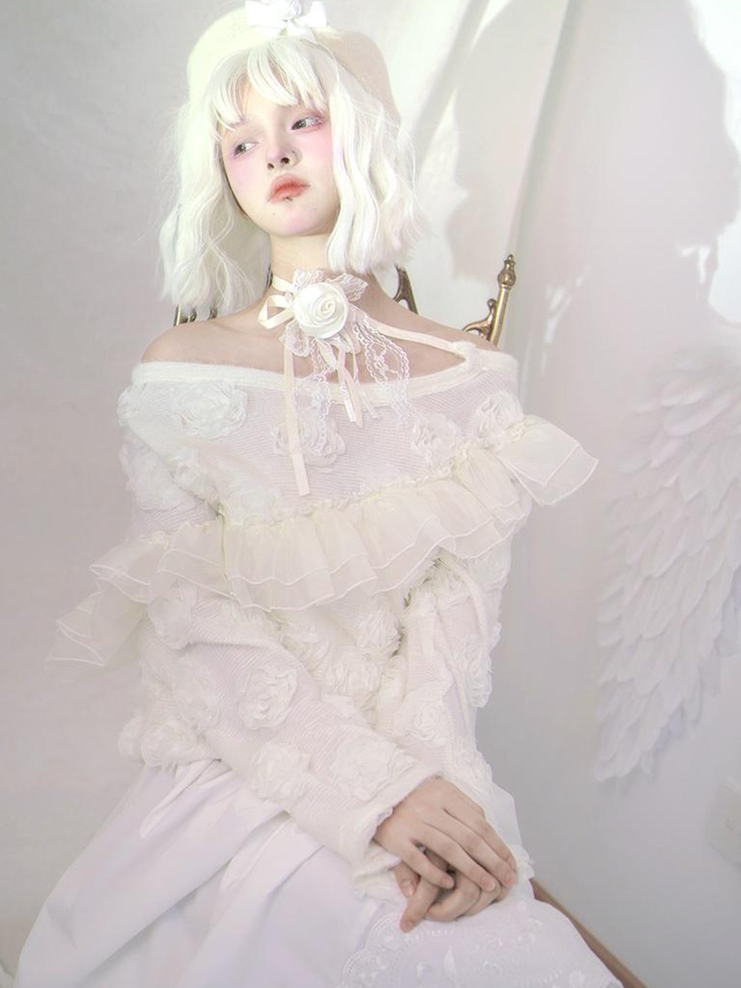 Daytoday Heavenly Bloom Knit Top With 3D Roses V Neck T Shirt Long Sleeve