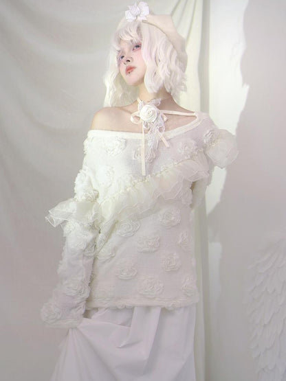 Daytoday Heavenly Bloom Knit Top With 3D Roses V Neck T Shirt Long Sleeve
