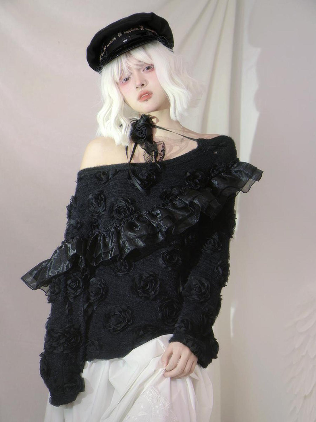 Daytoday Heavenly Bloom Knit Top With 3D Roses V Neck T Shirt Long Sleeve