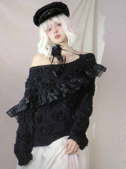 Daytoday Heavenly Bloom Knit Top With 3D Roses V Neck T Shirt Long Sleeve