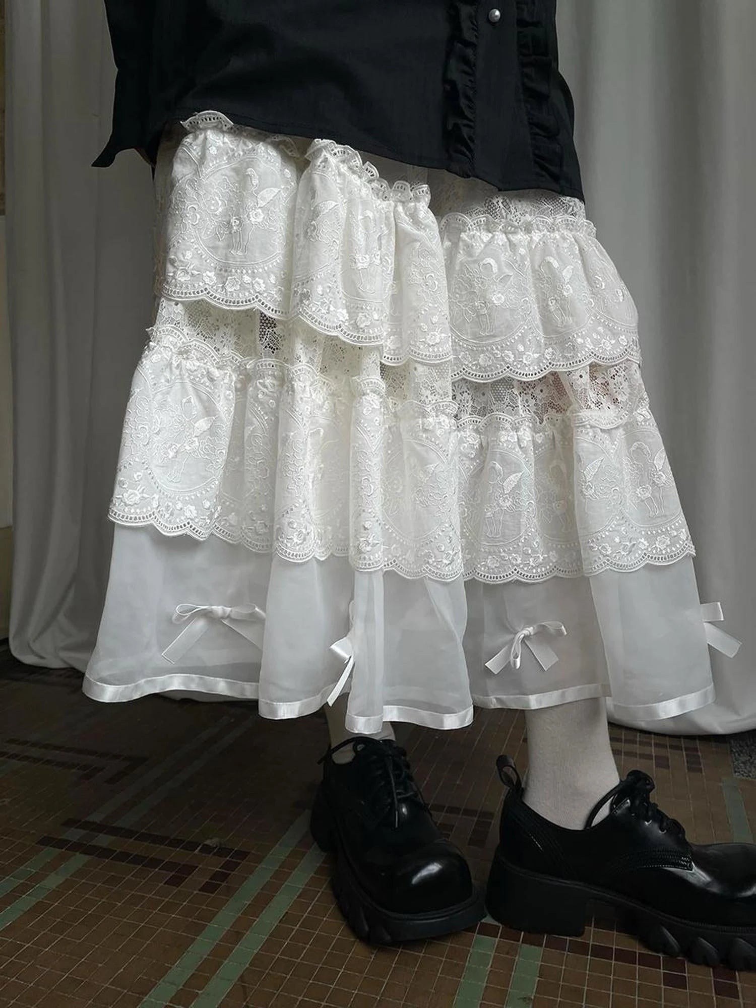 Lace Bow Embroidered Angel Maxi Skirt