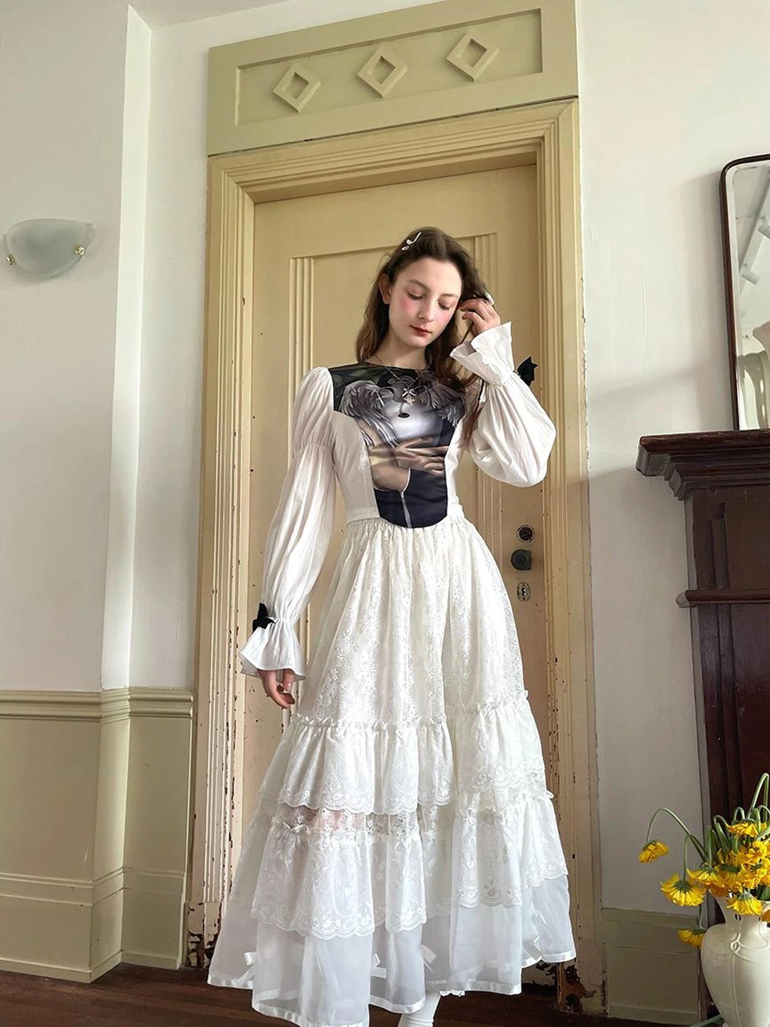 Lace Bow Embroidered Angel Maxi Skirt