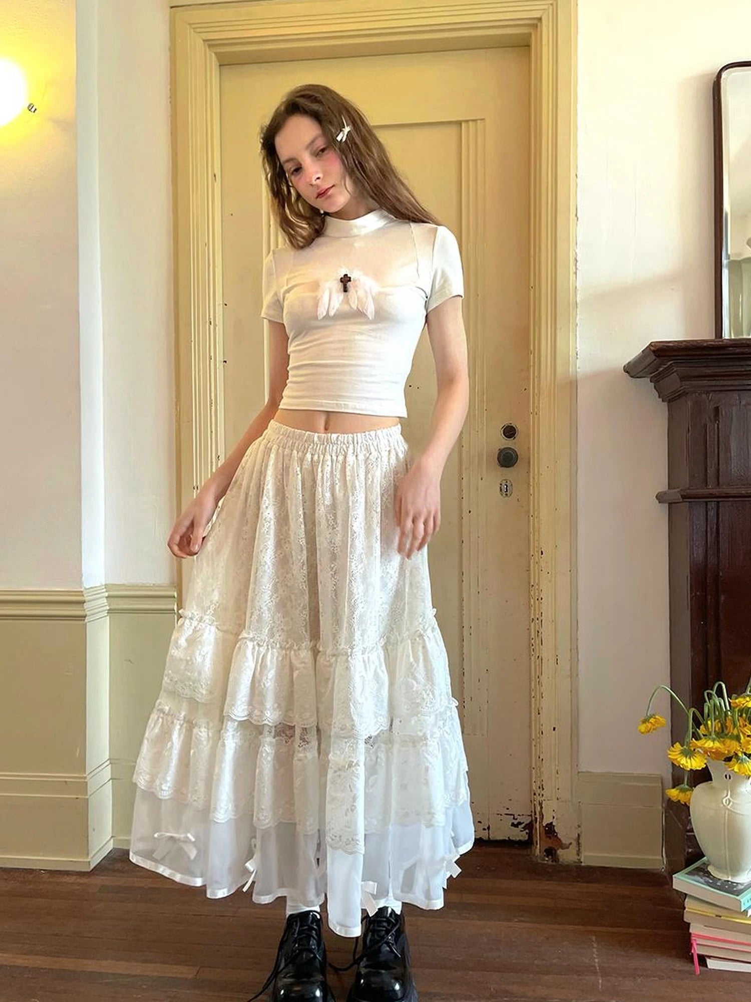 Lace Bow Embroidered Angel Maxi Skirt