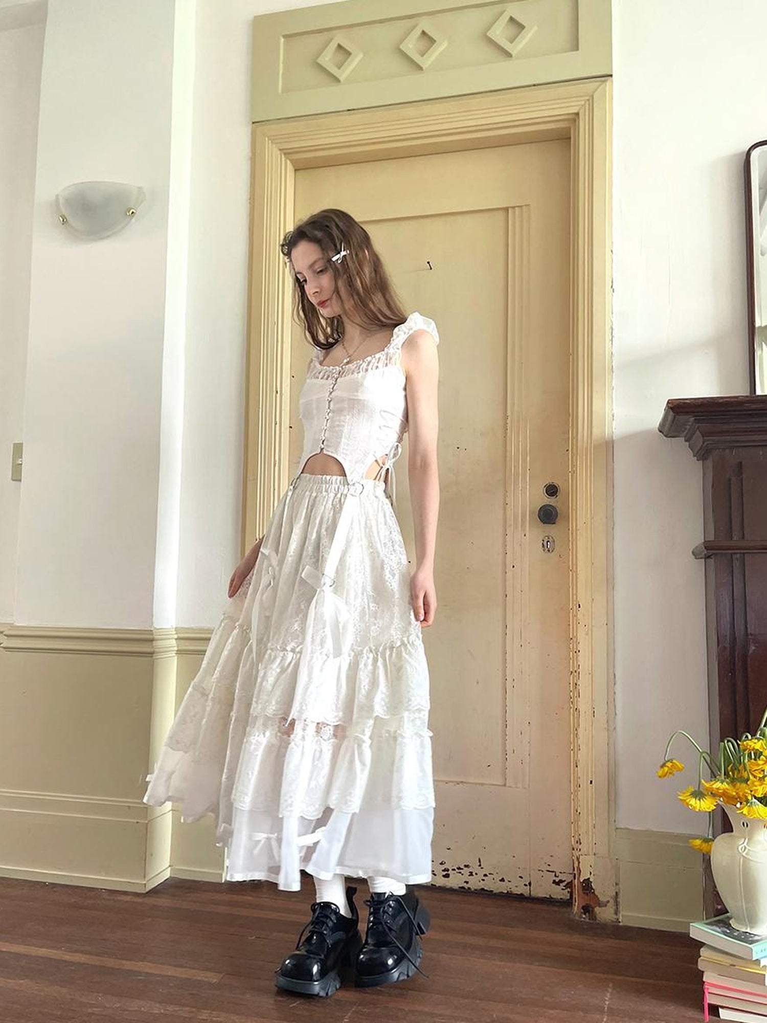 Daytoday Lace Bow Embroidered Angel Maxi Skirt