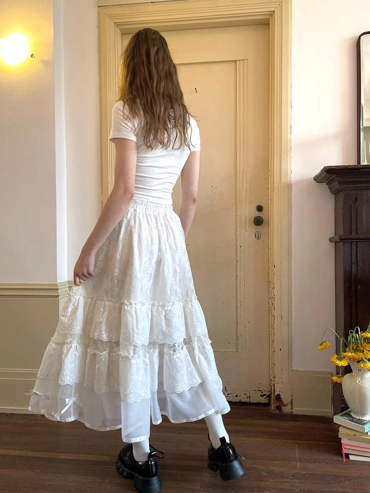 Lace Bow Embroidered Angel Maxi Skirt