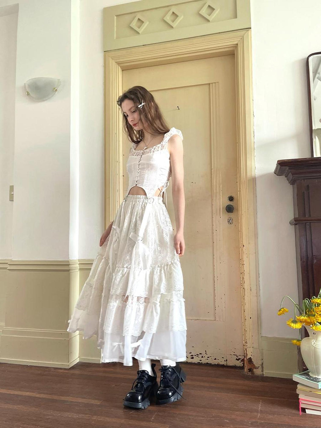 Daytoday Lace Bow Embroidered Angel Maxi Skirt