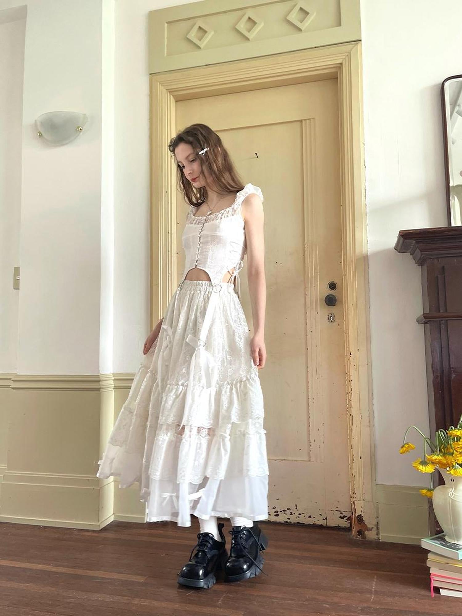 Daytoday Lace Bow Embroidered Angel Maxi Skirt