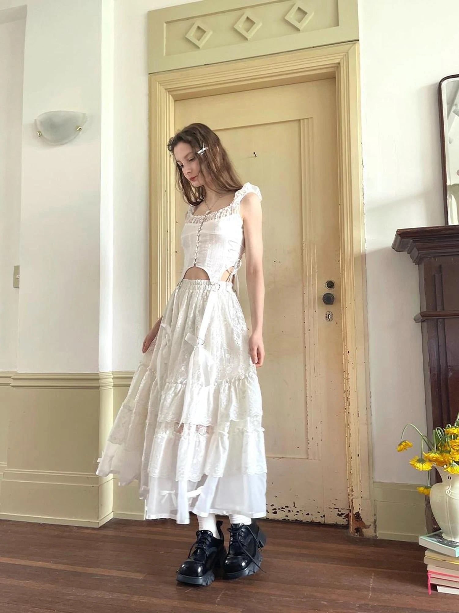 Lace Bow Embroidered Angel Maxi Skirt