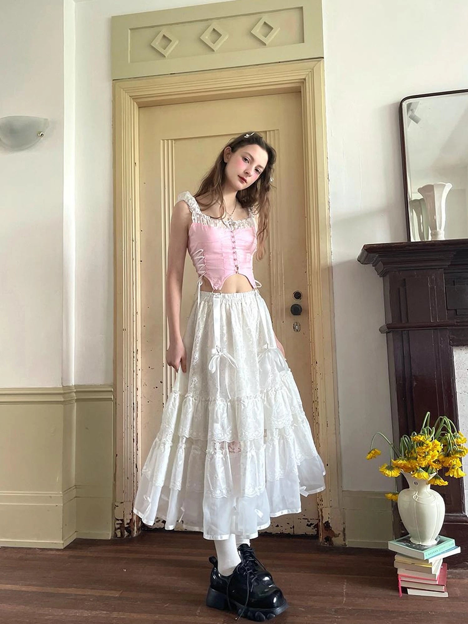 Lace Bow Embroidered Angel Maxi Skirt