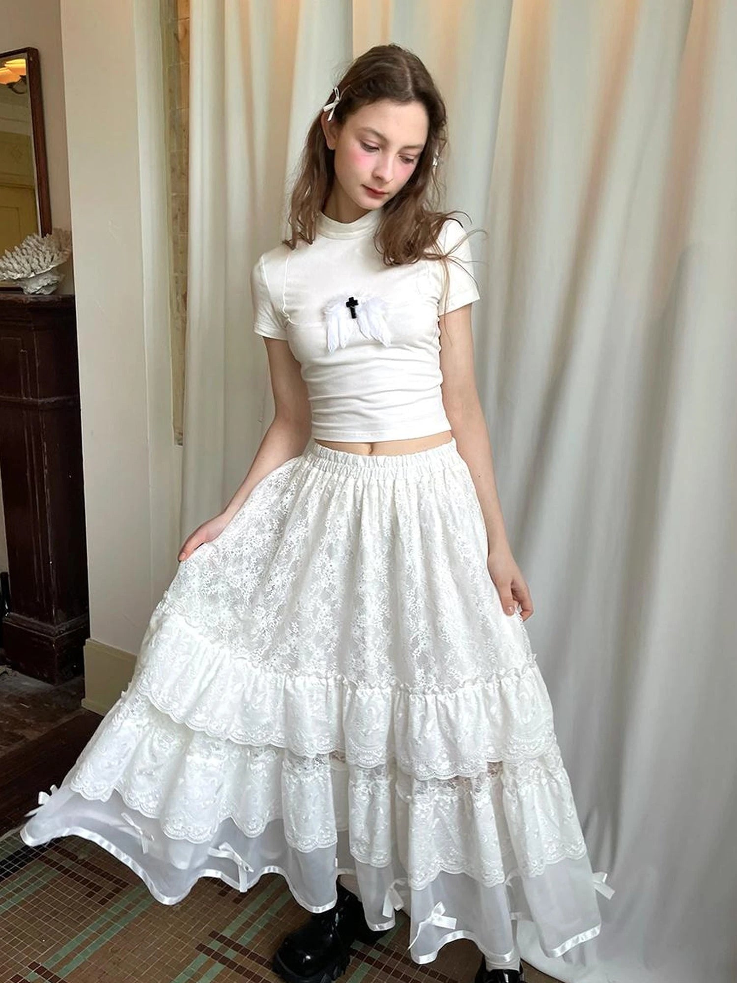 Lace Bow Embroidered Angel Maxi Skirt