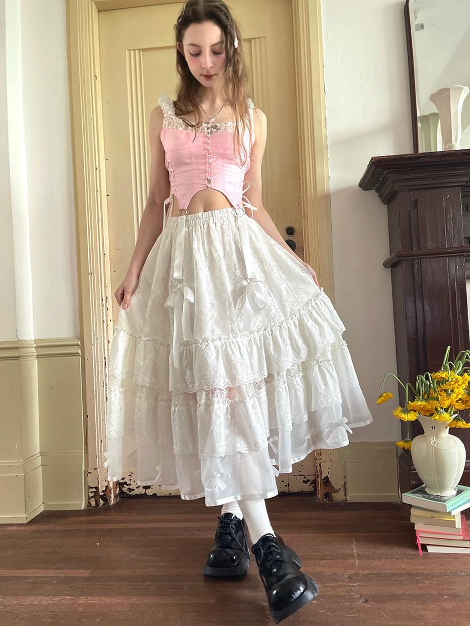 Daytoday Lace Bow Embroidered Angel Maxi Skirt