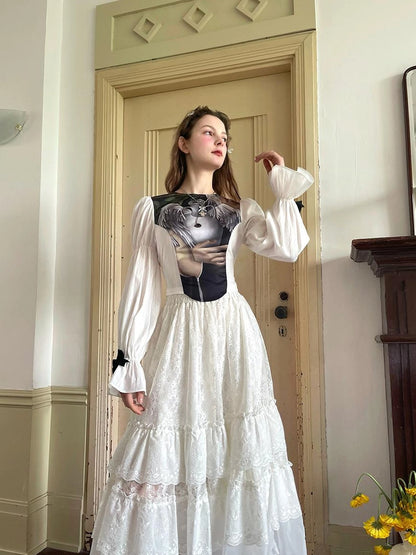 Lace Bow Embroidered Angel Maxi Skirt