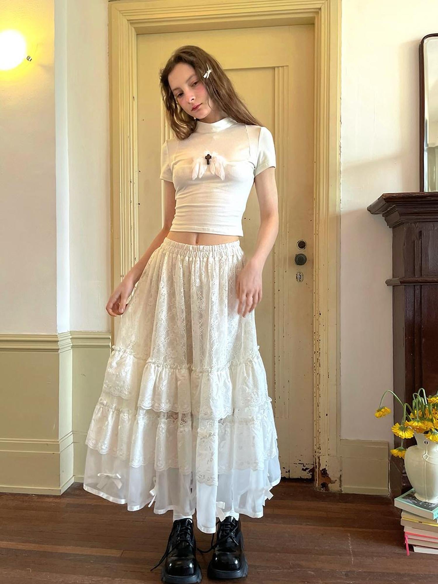 Daytoday Lace Bow Embroidered Angel Maxi Skirt