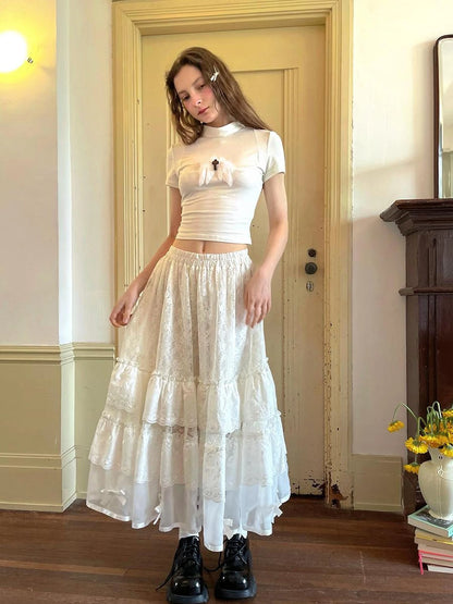 Lace Bow Embroidered Angel Maxi Skirt