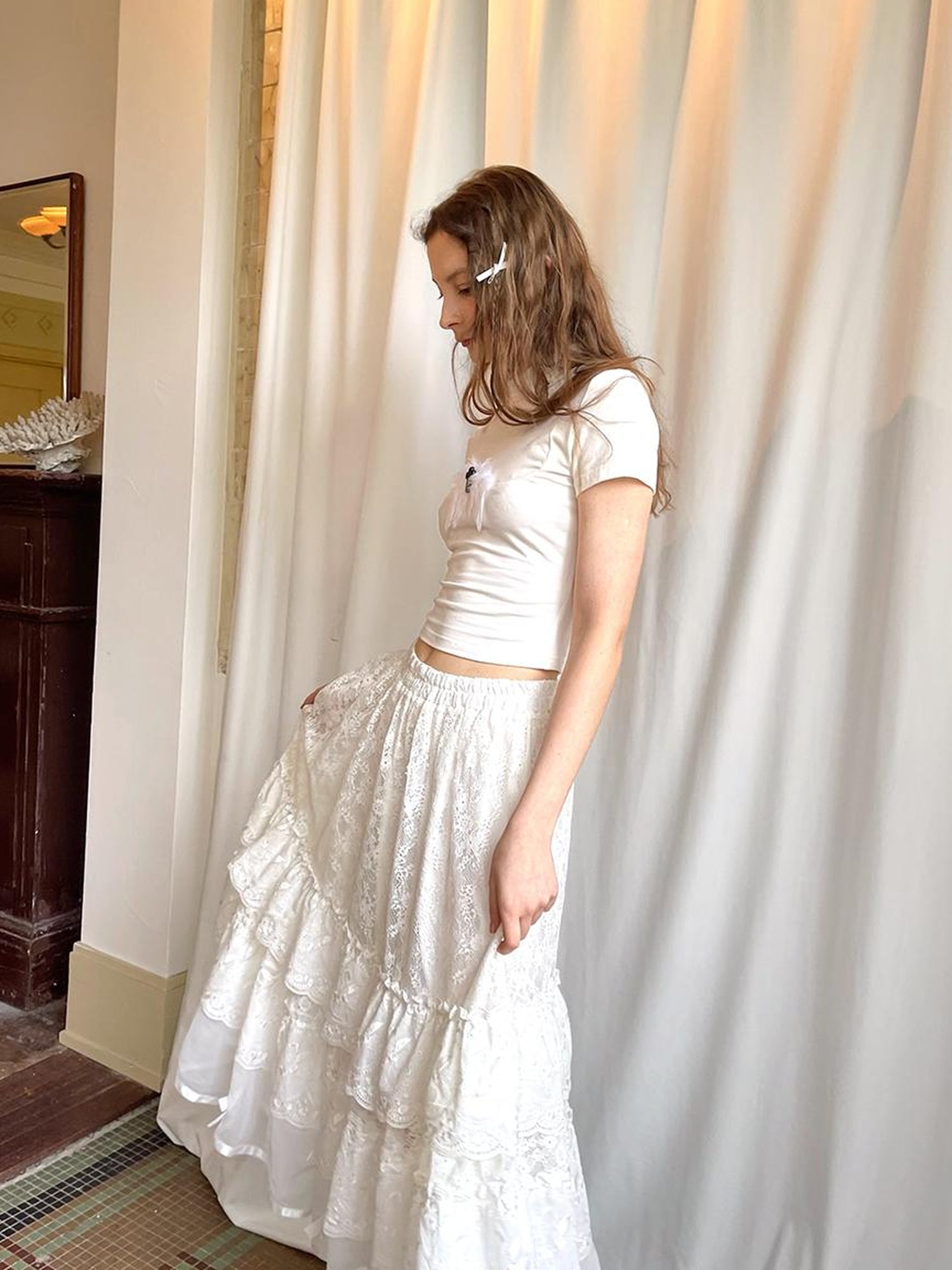Daytoday Lace Bow Embroidered Angel Maxi Skirt