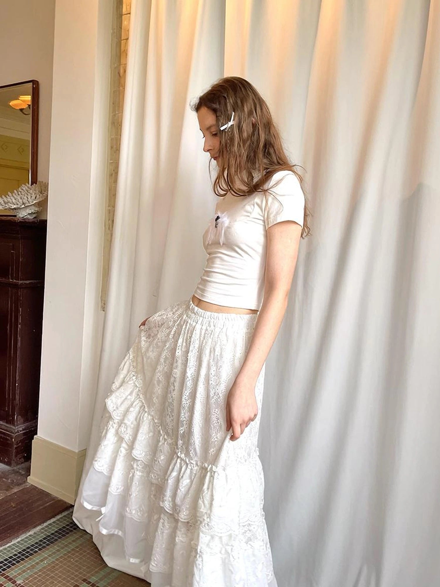 Lace Bow Embroidered Angel Maxi Skirt