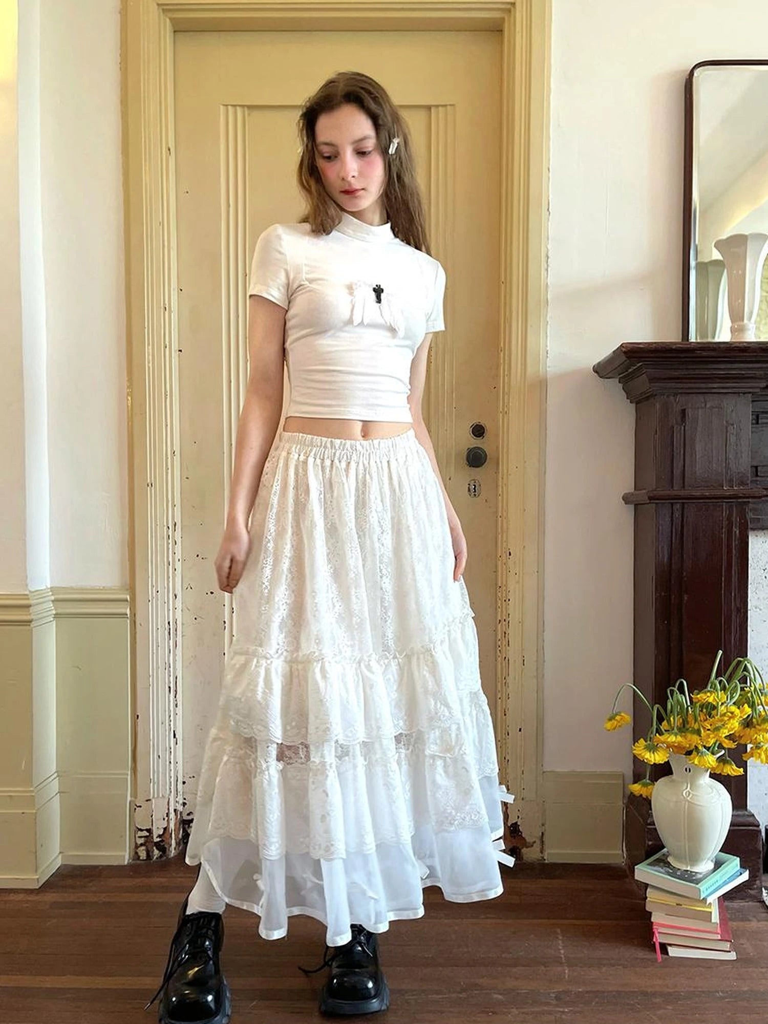 Lace Bow Embroidered Angel Maxi Skirt