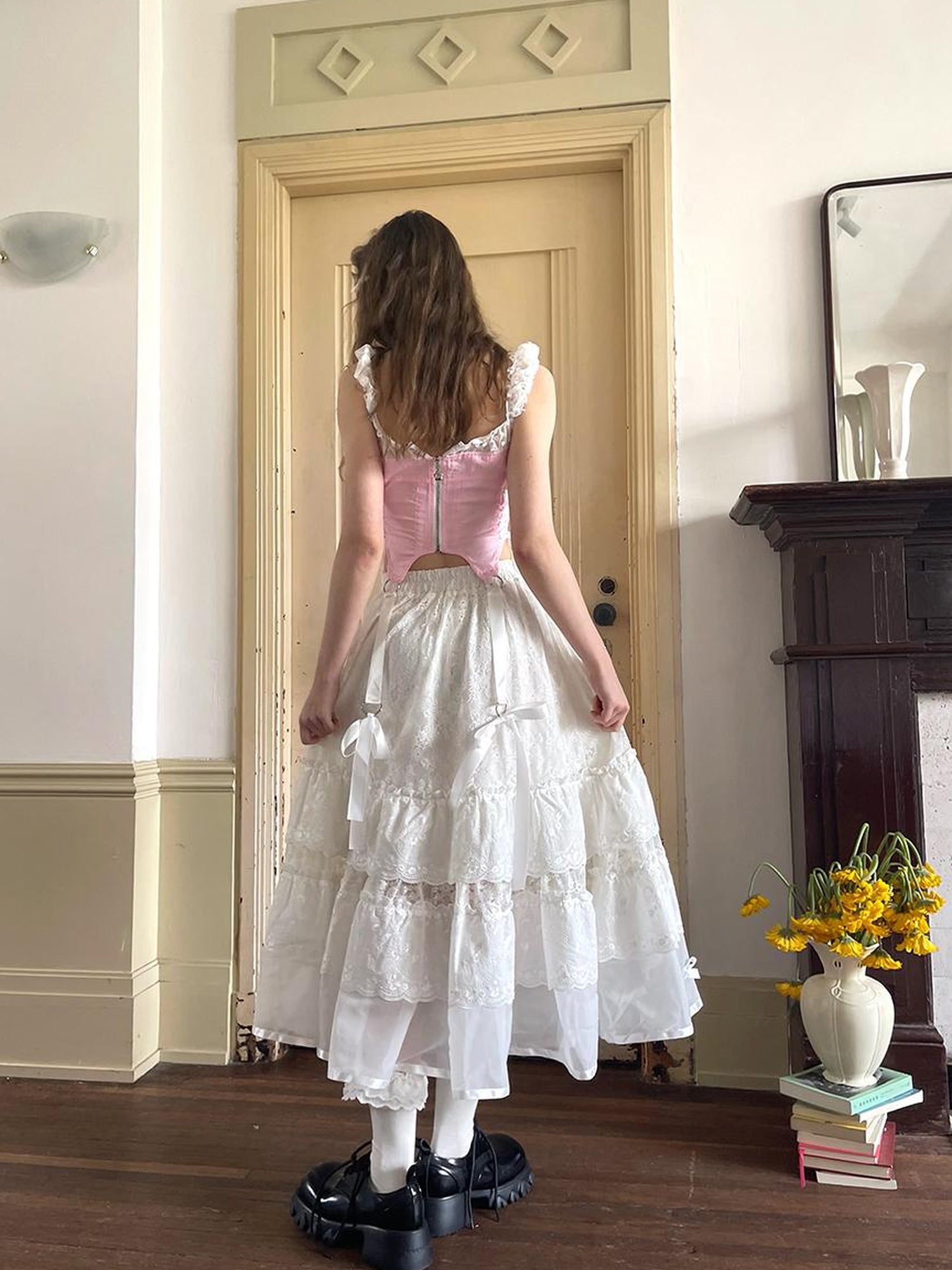 Daytoday Lace Bow Embroidered Angel Maxi Skirt