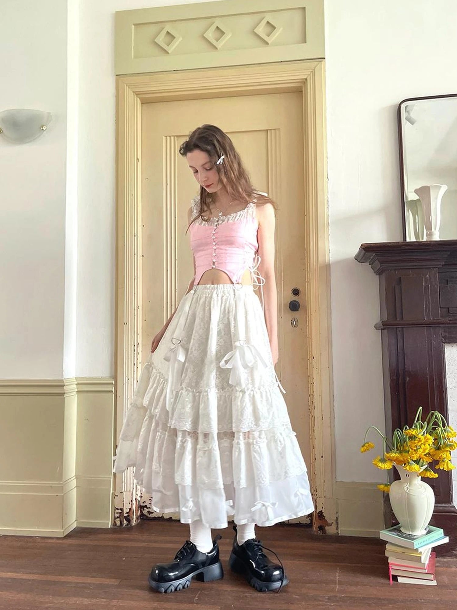 Lace Bow Embroidered Angel Maxi Skirt