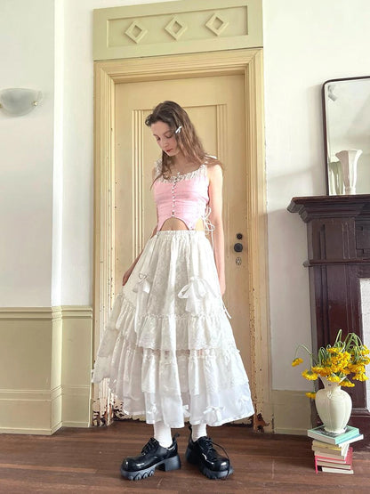 Lace Bow Embroidered Angel Maxi Skirt