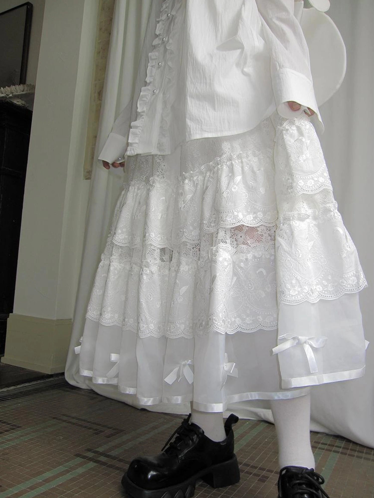 Lace Bow Embroidered Angel Maxi Skirt