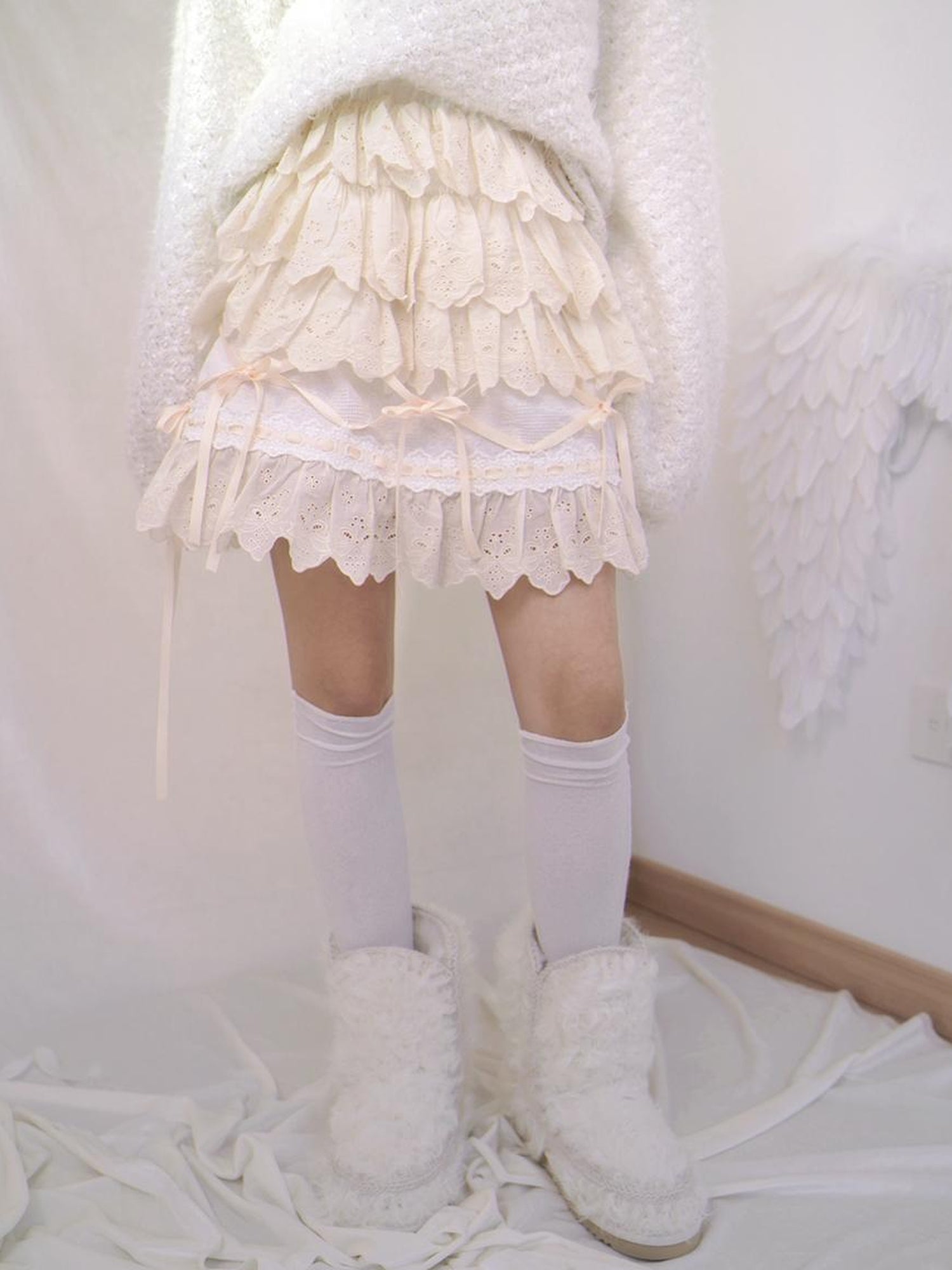 Daytoday Lace Bow Tie Waist Short Skirt With Elastic
