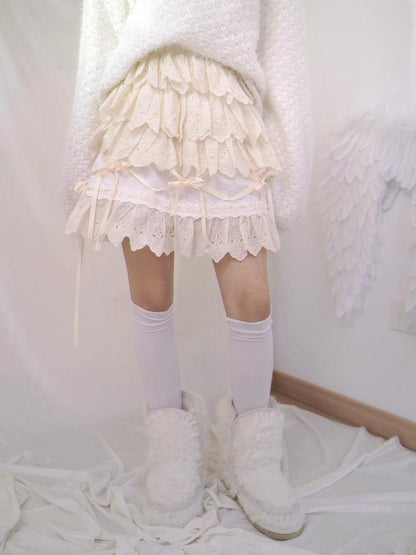 Daytoday Lace Bow Tie Waist Short Skirt With Elastic