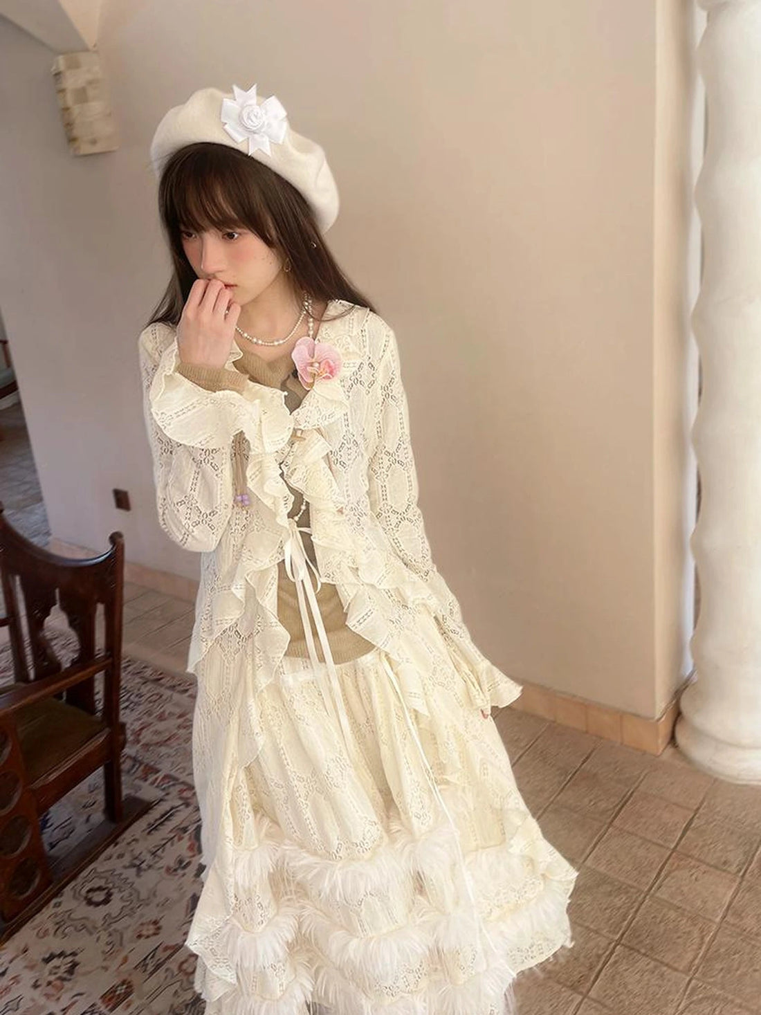 Lace Trimmed Maxi Dress With Asymmetric Hem