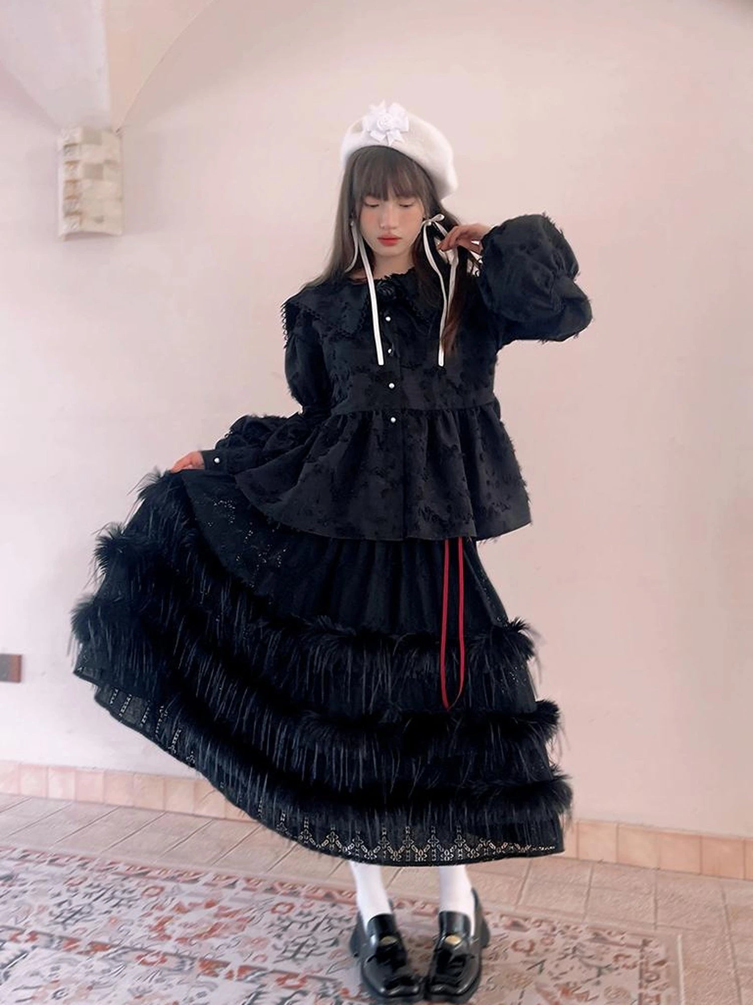 Lace Trimmed Plush Thermal Maxi Skirt