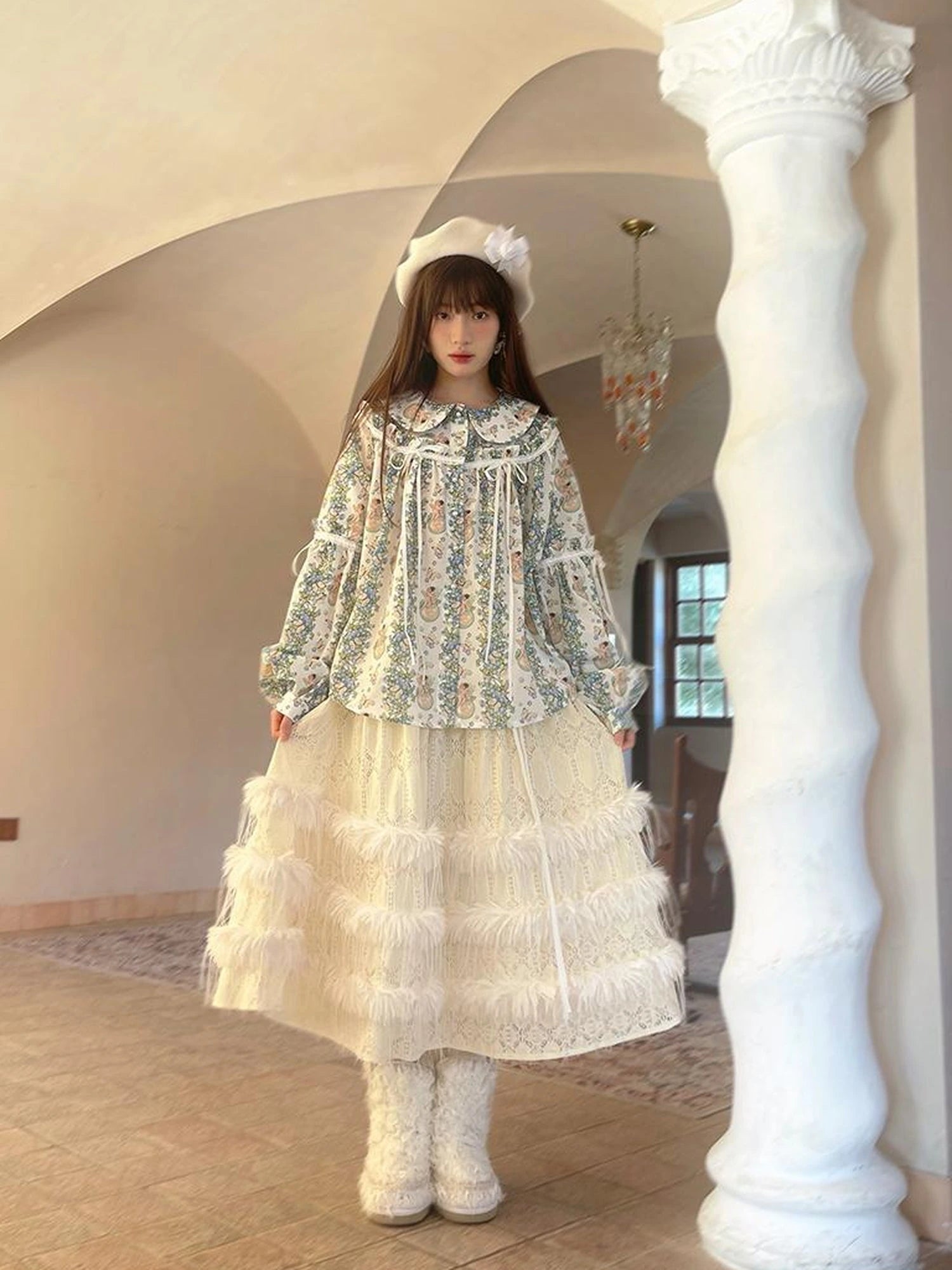 Lace Trimmed Plush Thermal Maxi Skirt