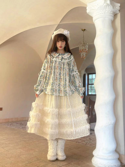 Lace Trimmed Plush Thermal Maxi Skirt