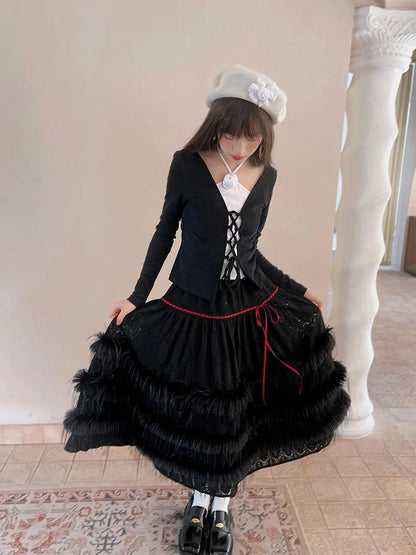 Lace Trimmed Plush Thermal Maxi Skirt