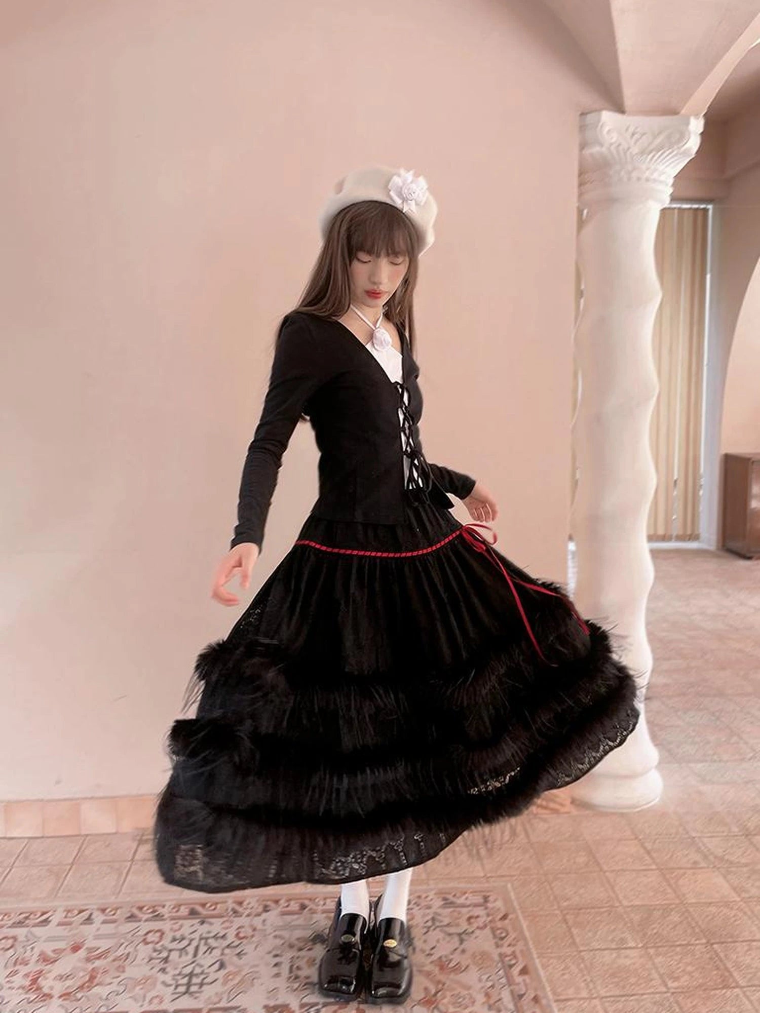 Lace Trimmed Plush Thermal Maxi Skirt