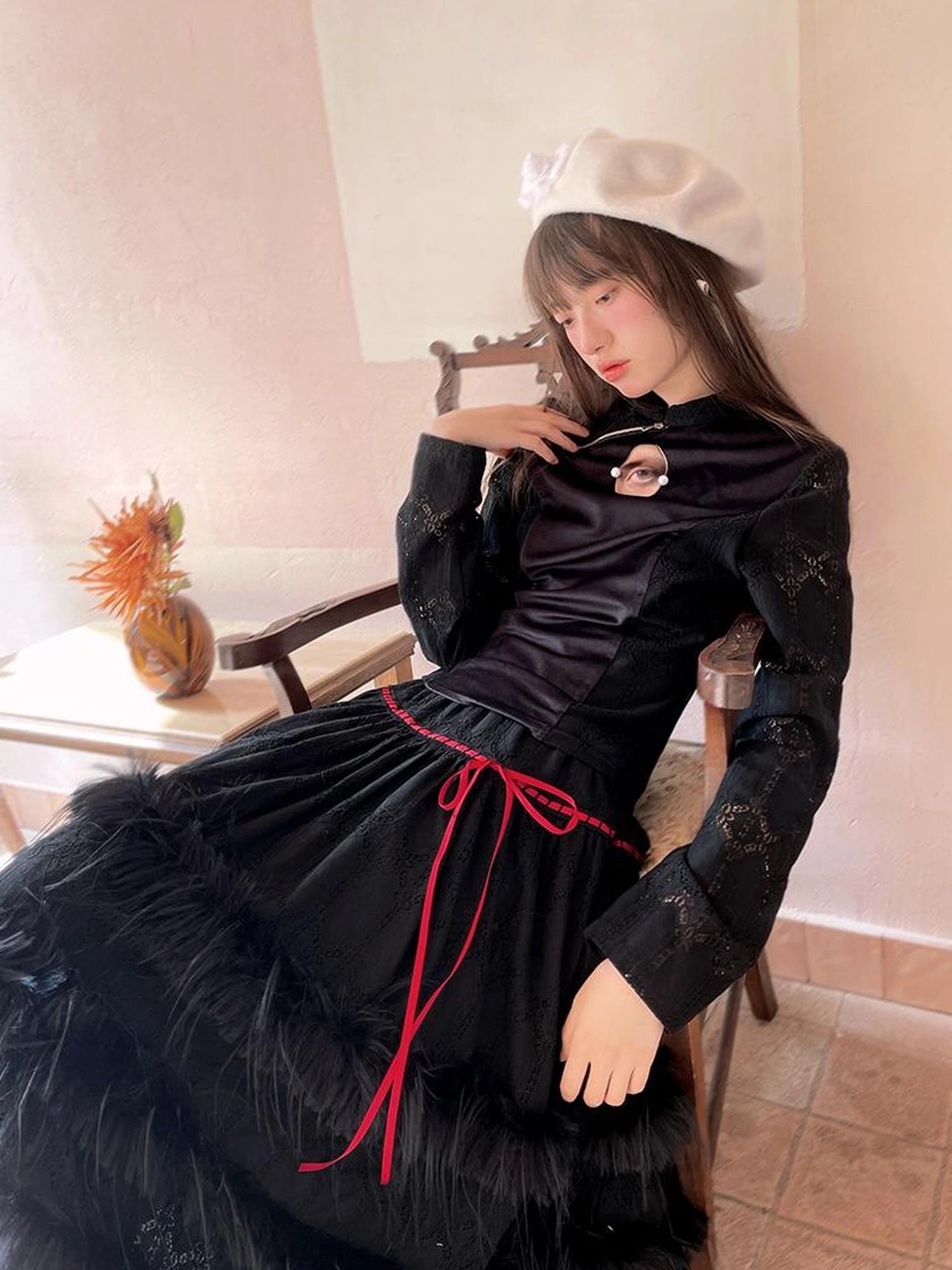 Lace Trimmed Plush Thermal Maxi Skirt