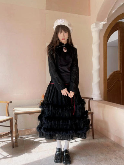 Lace Trimmed Plush Thermal Maxi Skirt