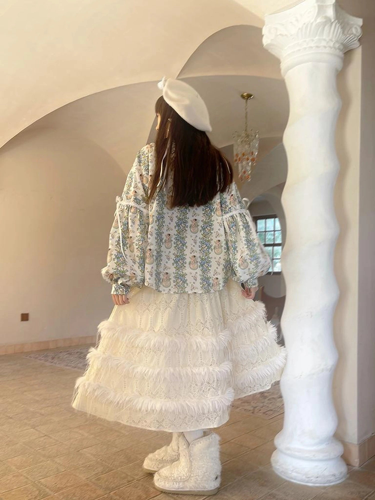 Lace Trimmed Plush Thermal Maxi Skirt