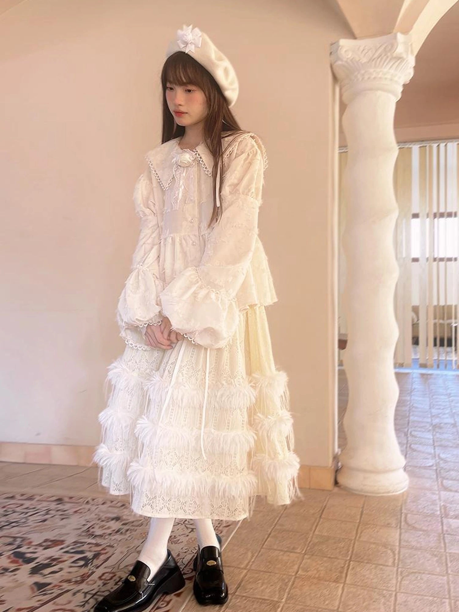 Lace Trimmed Plush Thermal Maxi Skirt