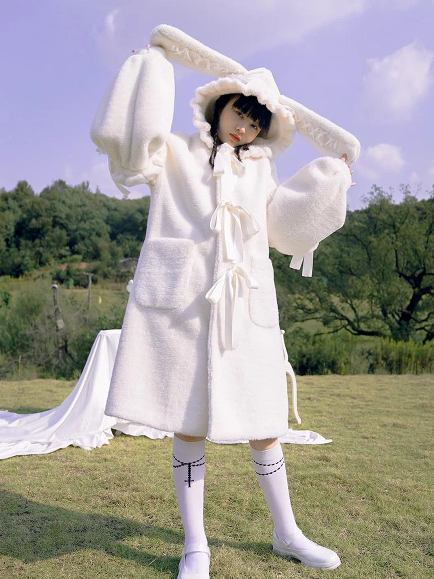 Love Fear Rabbit Ear Bow Wool Coat