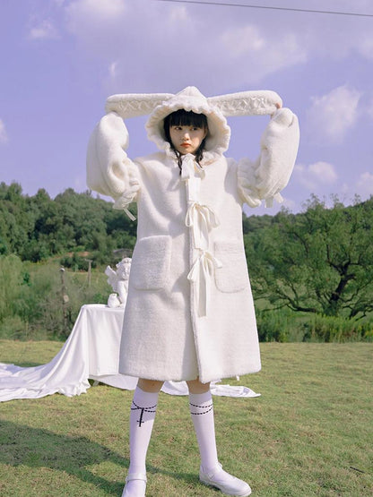 Love Fear Rabbit Ear Bow Wool Coat