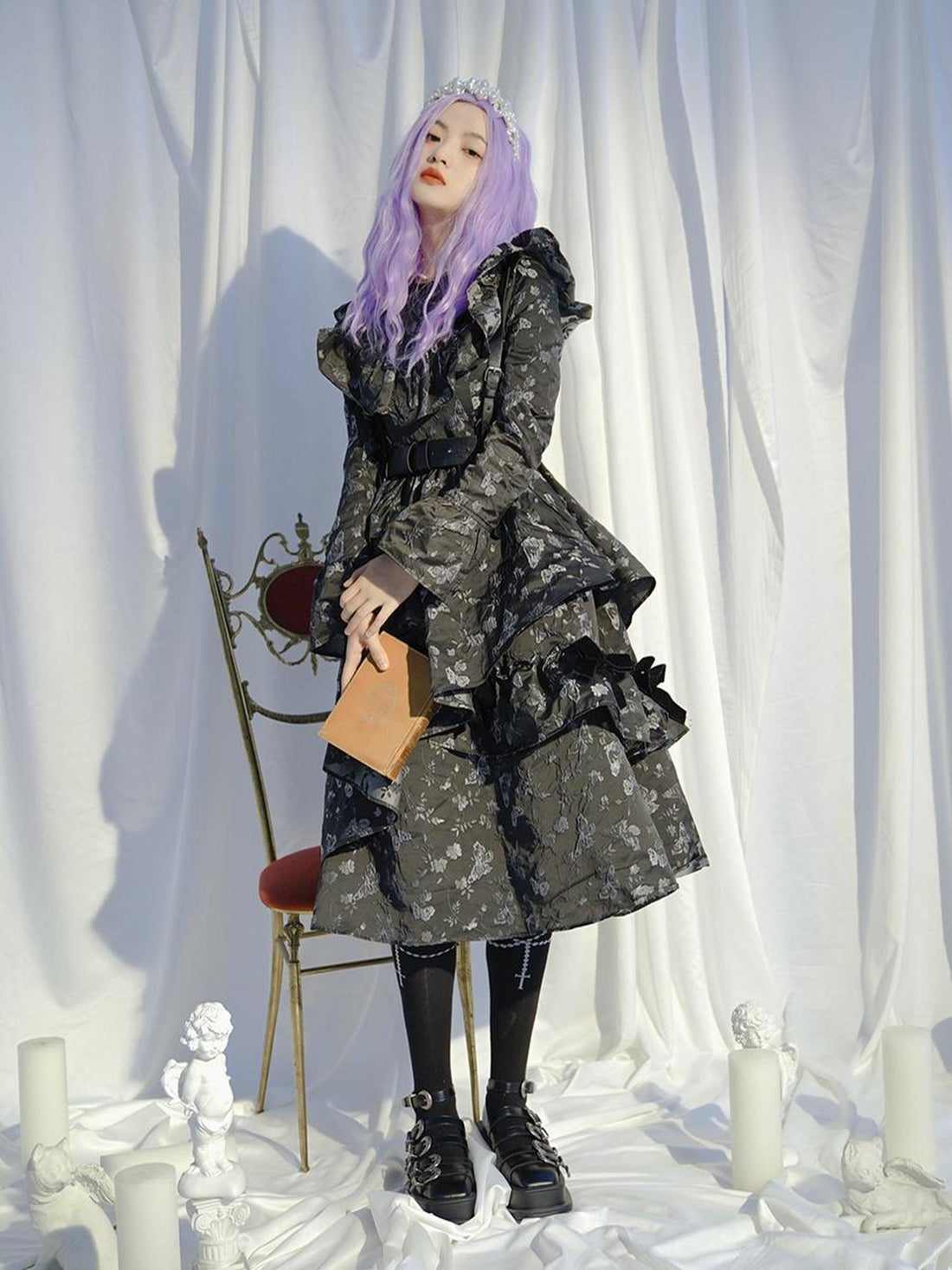 Daytoday Love Is Horrible Butterfly Jacquard Lace Plaid Long Sleeve Dress