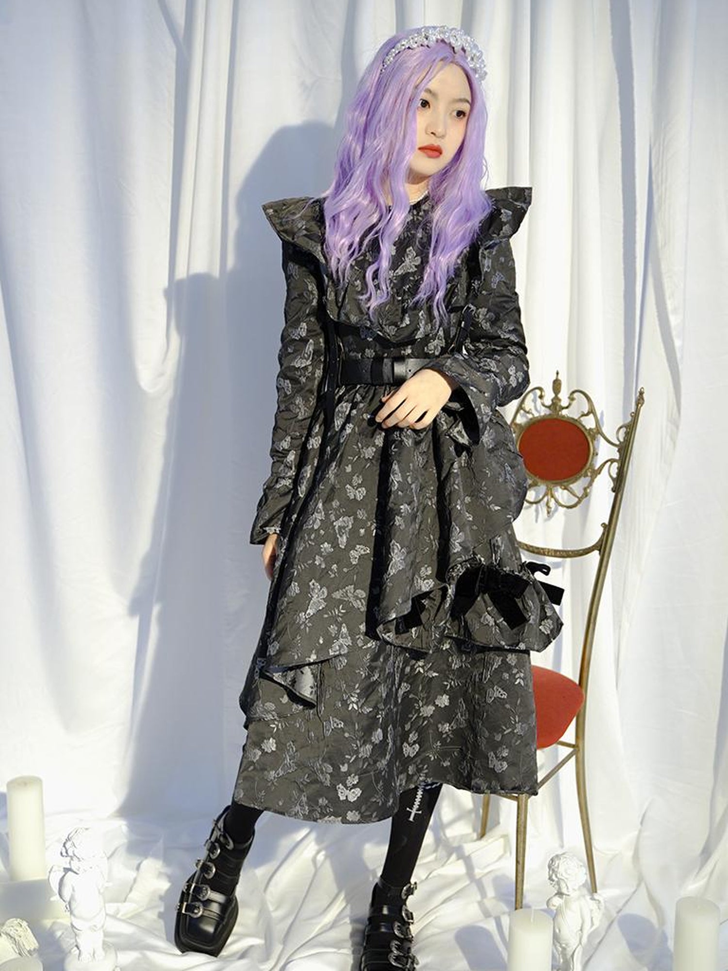Daytoday Love Is Horrible Butterfly Jacquard Lace Plaid Long Sleeve Dress