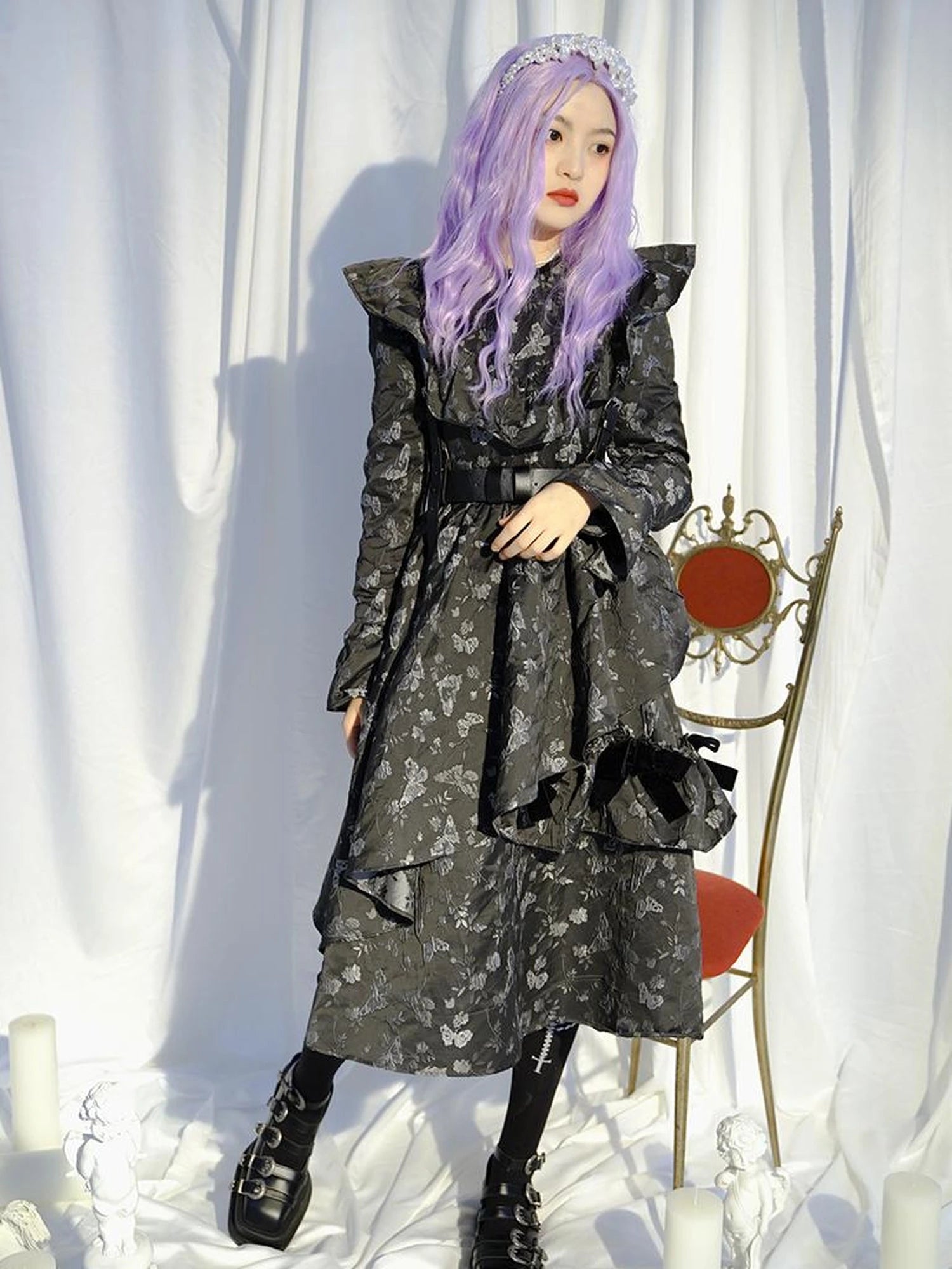 Love Is Horrible Butterfly Jacquard Lace Plaid Long Sleeve Dress